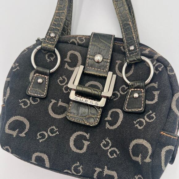 Guess Y2K Vintage Mini Micro Shoulder Monogram Denim Flap Purse Bag Black Gray - Picture 2 of 8